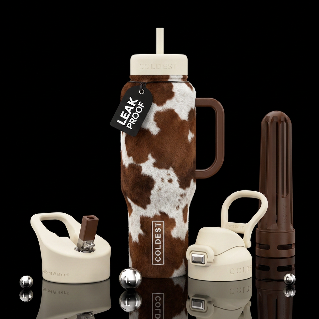 Realistic looking brown and white cow hide water bottle design