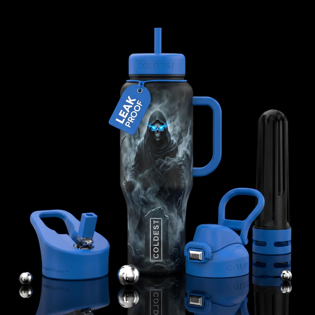 dark mood, haunted, smoke, grim reaper with bright... water bottle design