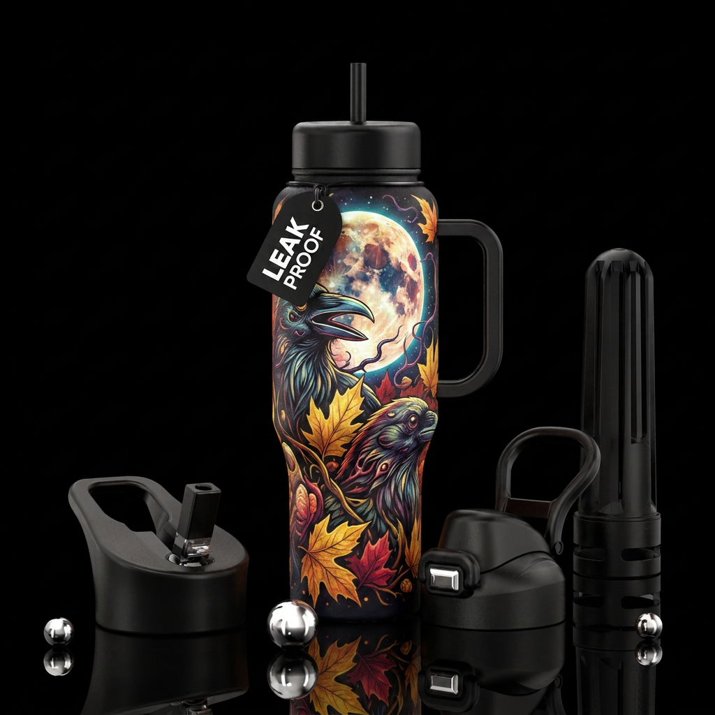cosmic horror, raven, autumn leaves full moon water bottle design