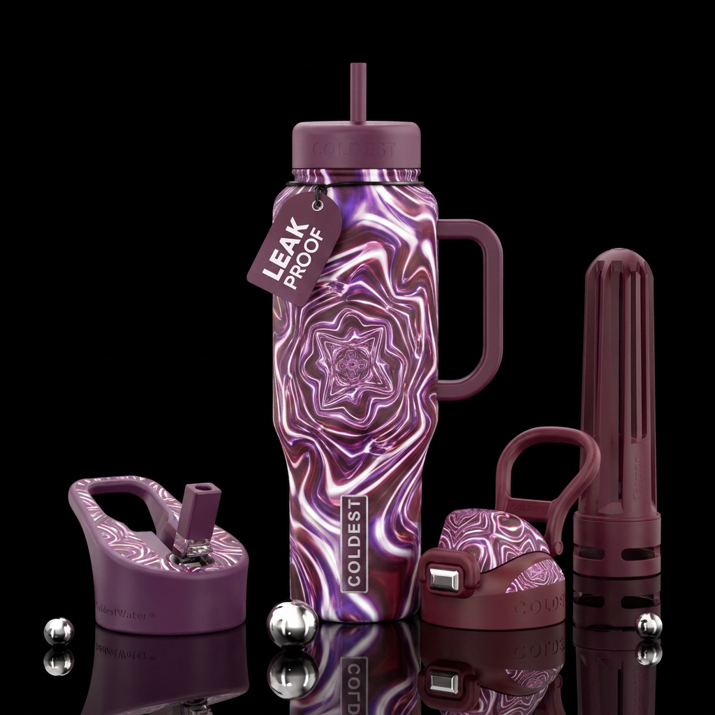 glowie, kaleidoscope, plum purple, white, maroon water bottle design