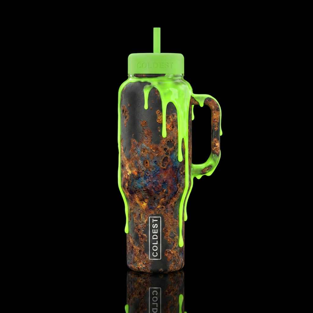 Toxic waste, neon colors, green sludge oozing out ... water bottle design