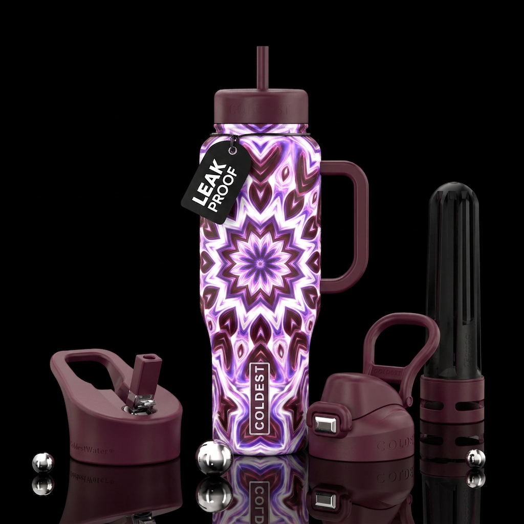 glowie, kaleidoscope, plum purple, white, maroon water bottle design