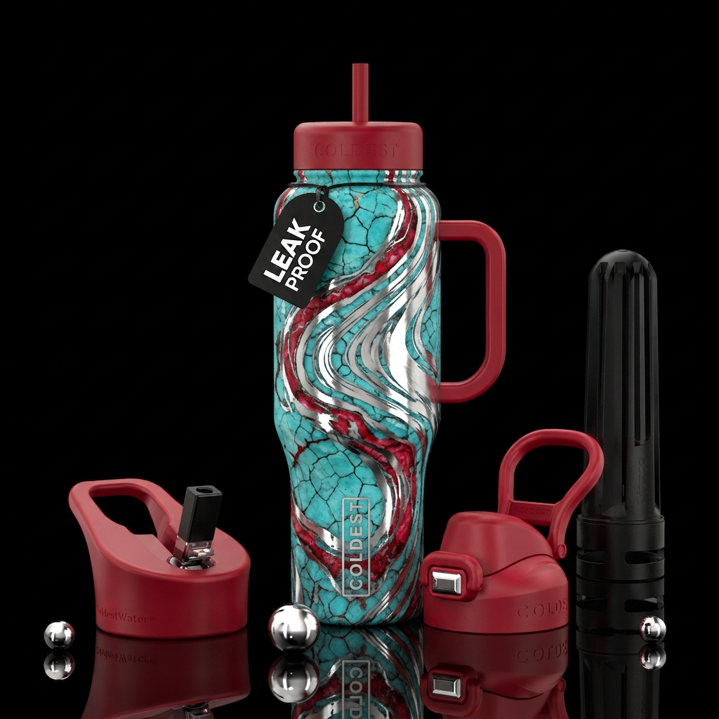 cracked, turquoise,  red turquoise silver swirl water bottle design