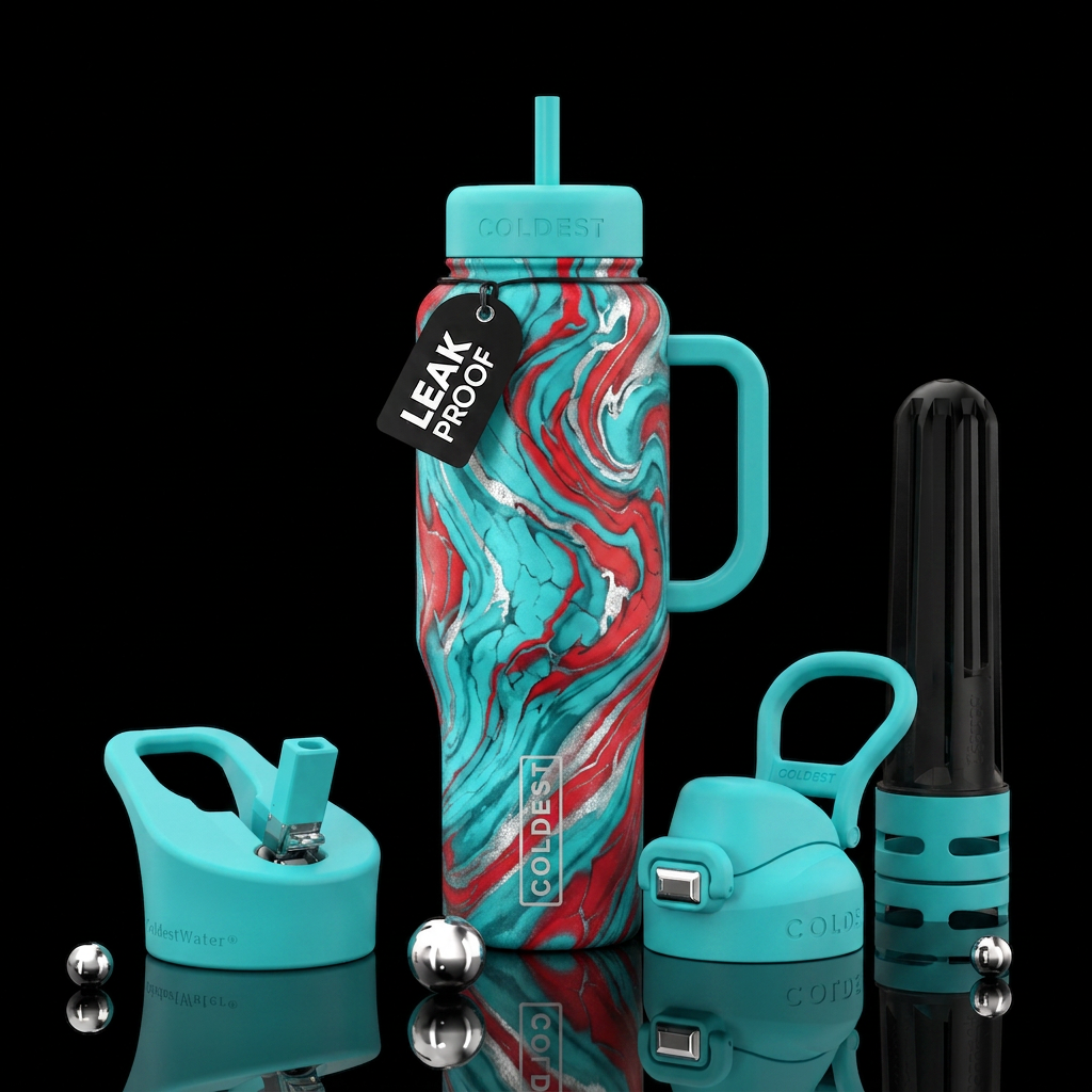 cracked, turquoise,  red turquoise silver swirl water bottle design