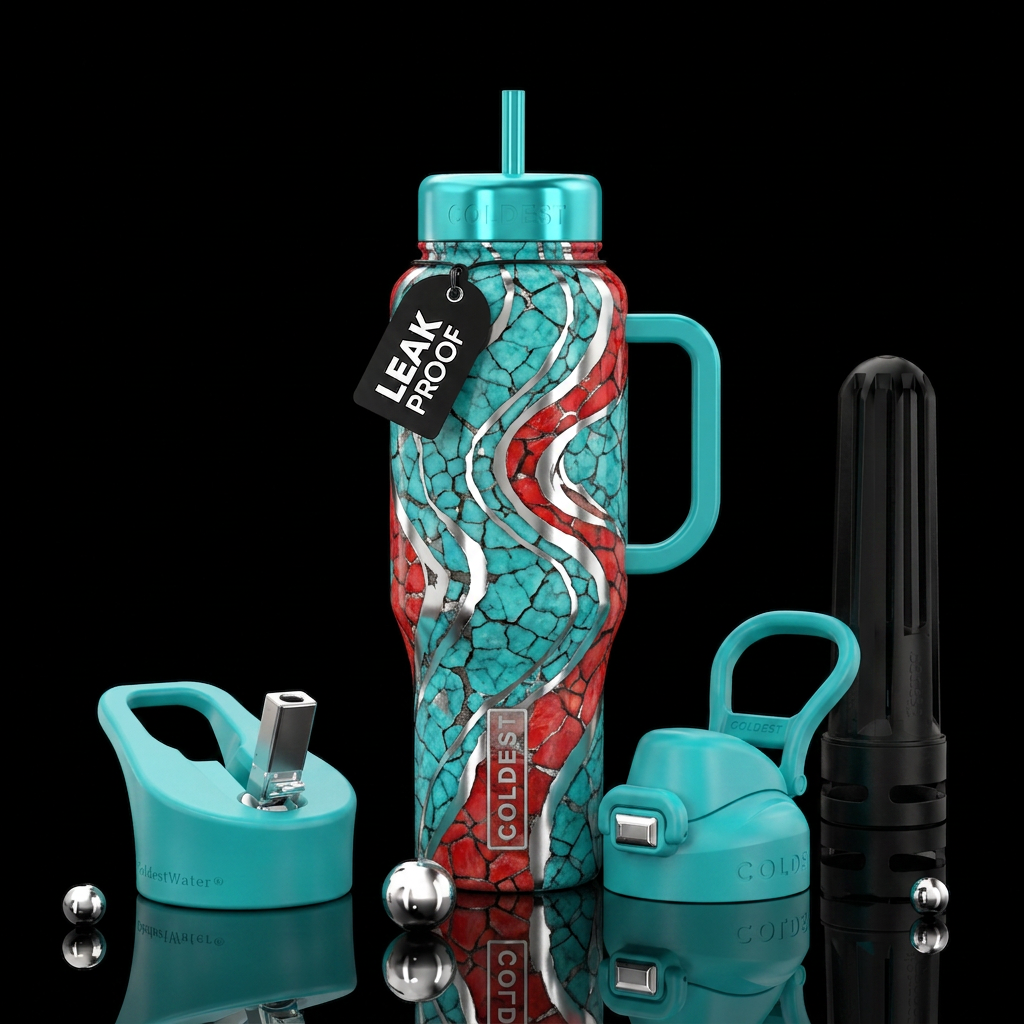 cracked, turquoise,  red turquoise silver swirl water bottle design