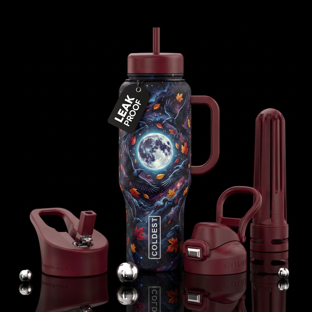 cosmic horror, raven, autumn leaves full moon water bottle design