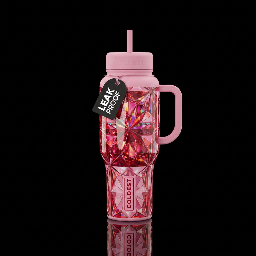 Kaleidoscope, shiny. Ruby red, hot pink, pastel pi... water bottle design