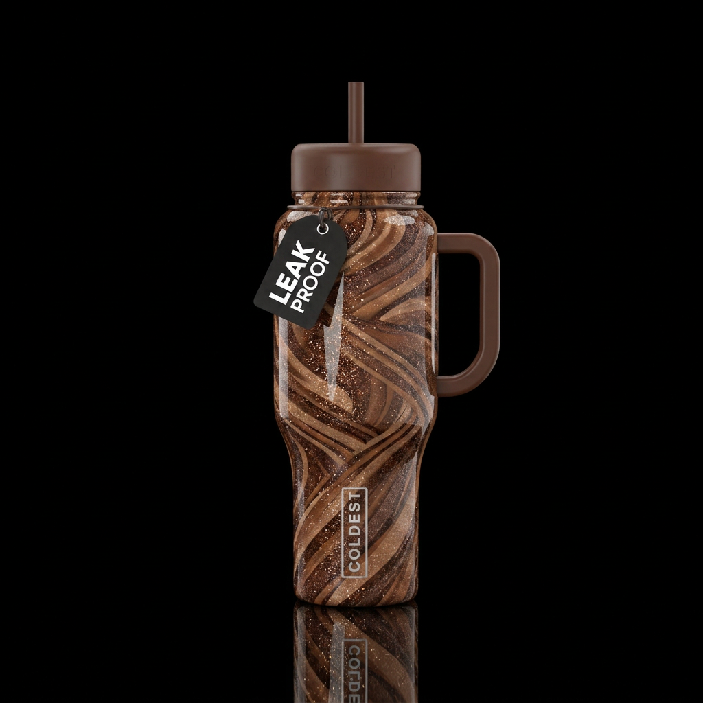 Strip and swirl different shades of brown. Glitery water bottle design