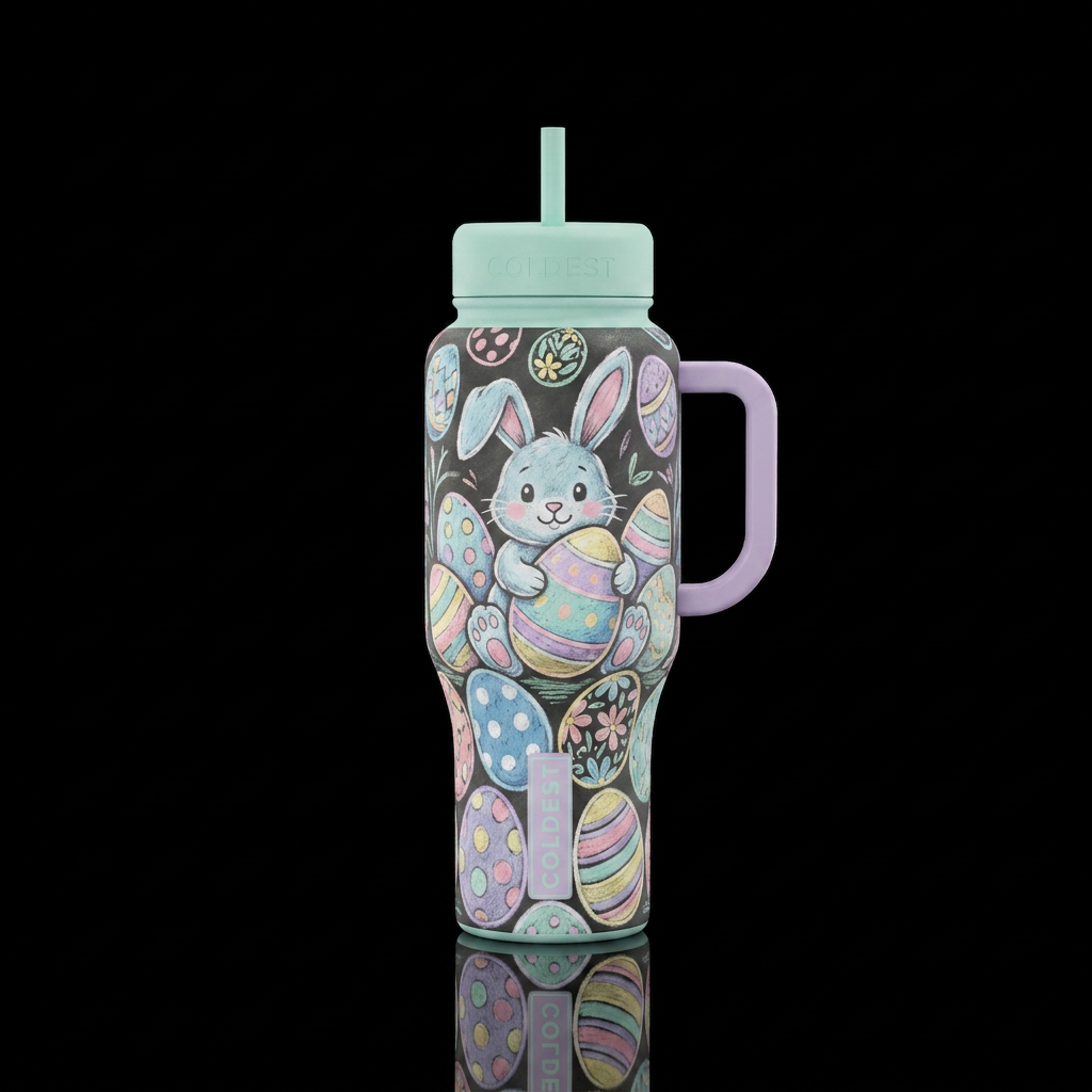 Pastel chalk style easter bunny and eggs water bottle design