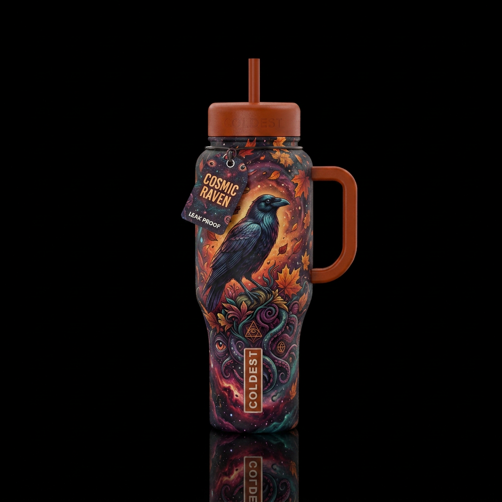 cosmic horror, raven, autumn leaves water bottle design