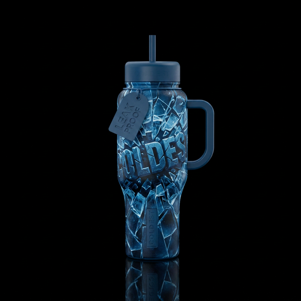 3-d, shards of glass shattering with COLDEST BUSTI... water bottle design