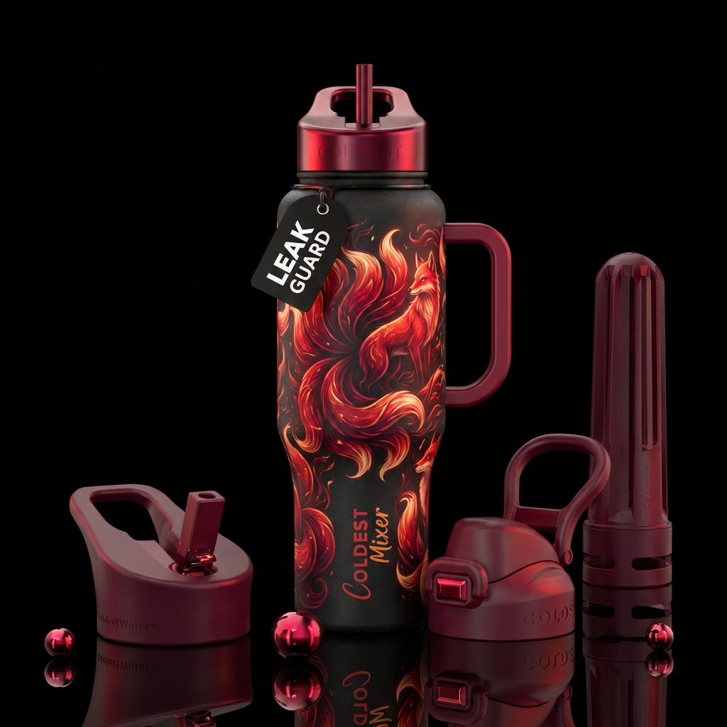 9 tail red fox on a black background water bottle design
