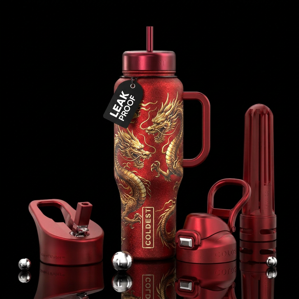 fierce dragon on red with gold and sparkly water bottle design