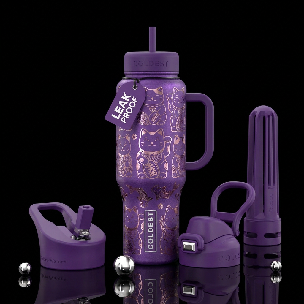 lucky  cat on foil purple water bottle design