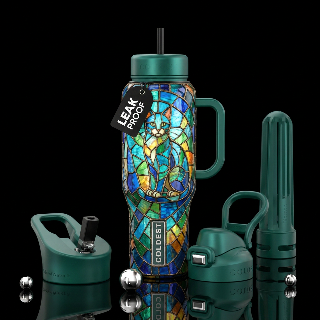 colorful stained glass cat water bottle design