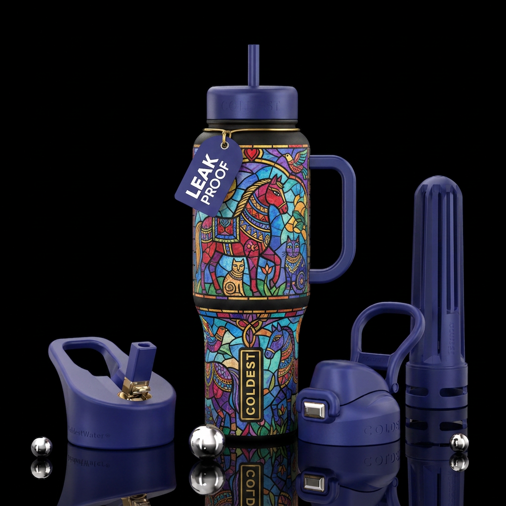 stained glass horses in laurel burch style water bottle design