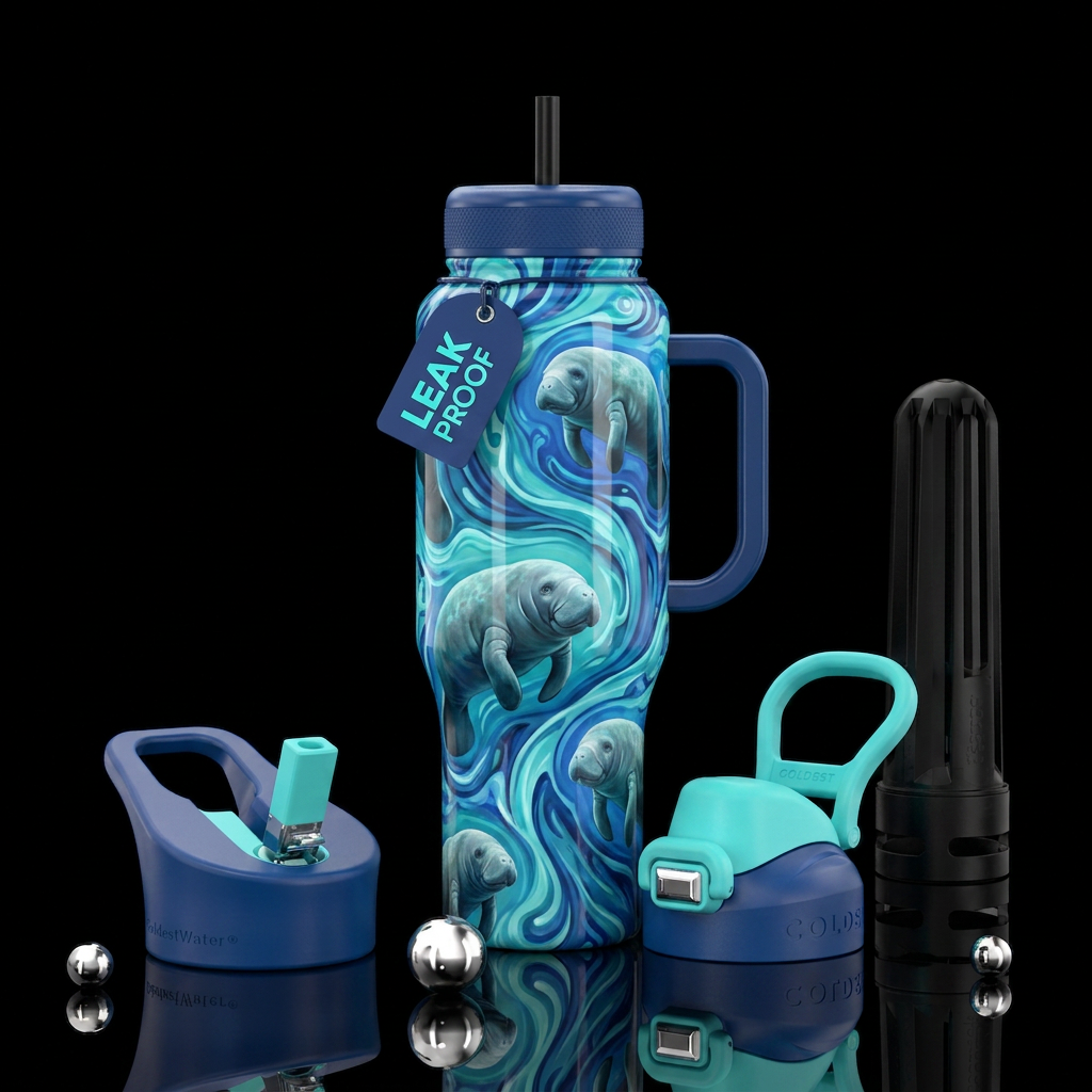 manatees swimming on swirled blue and aqua water bottle design