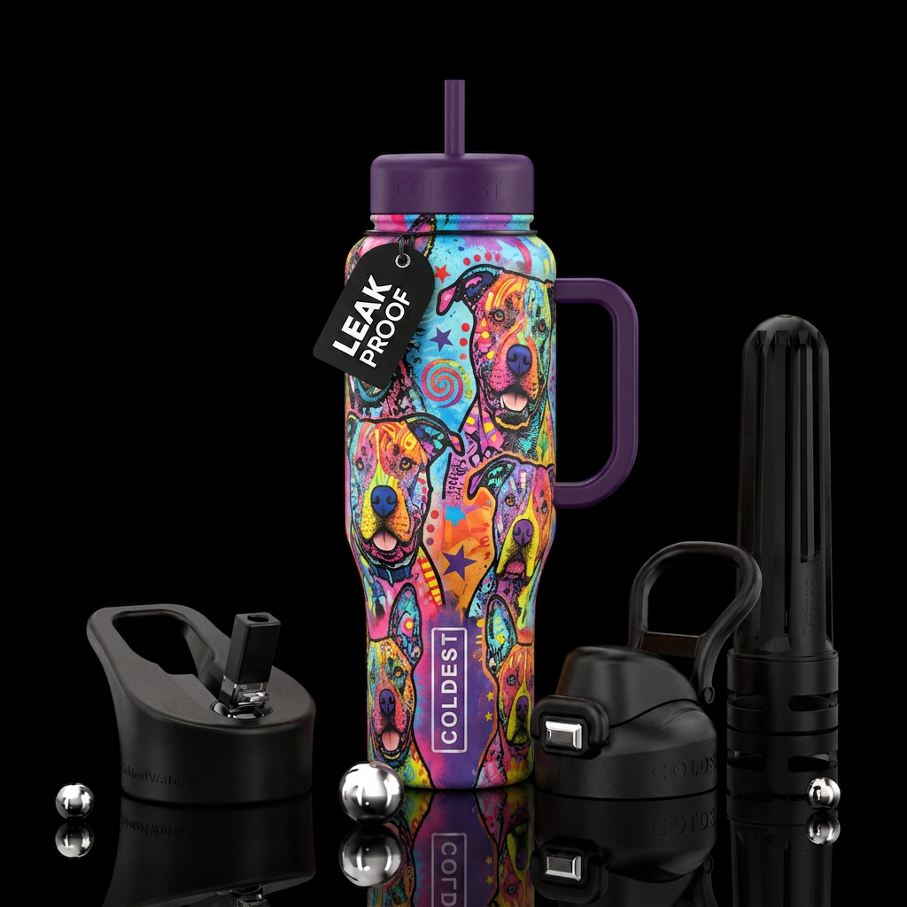 dogs in a colorful dean russo style water bottle design