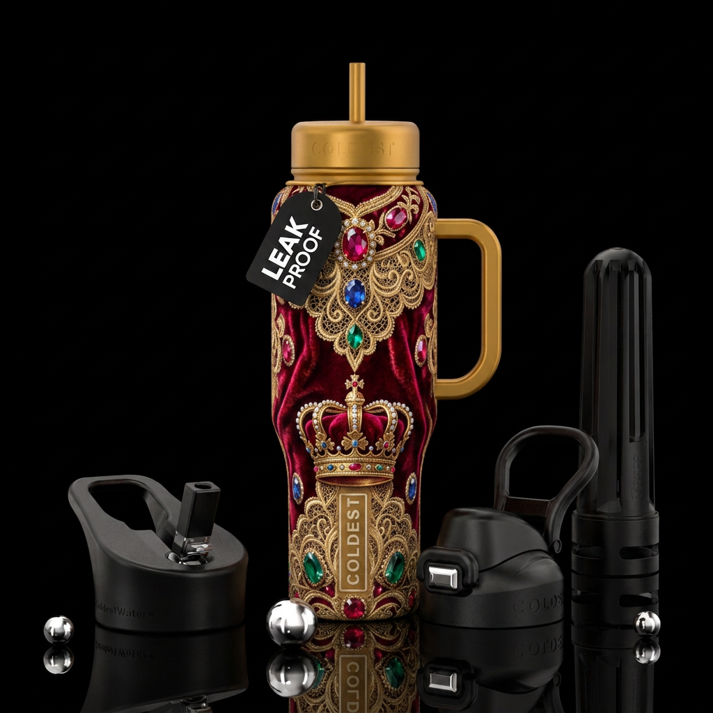 Royal, velvet cape, jeweled gold crown, sparkling ... water bottle design