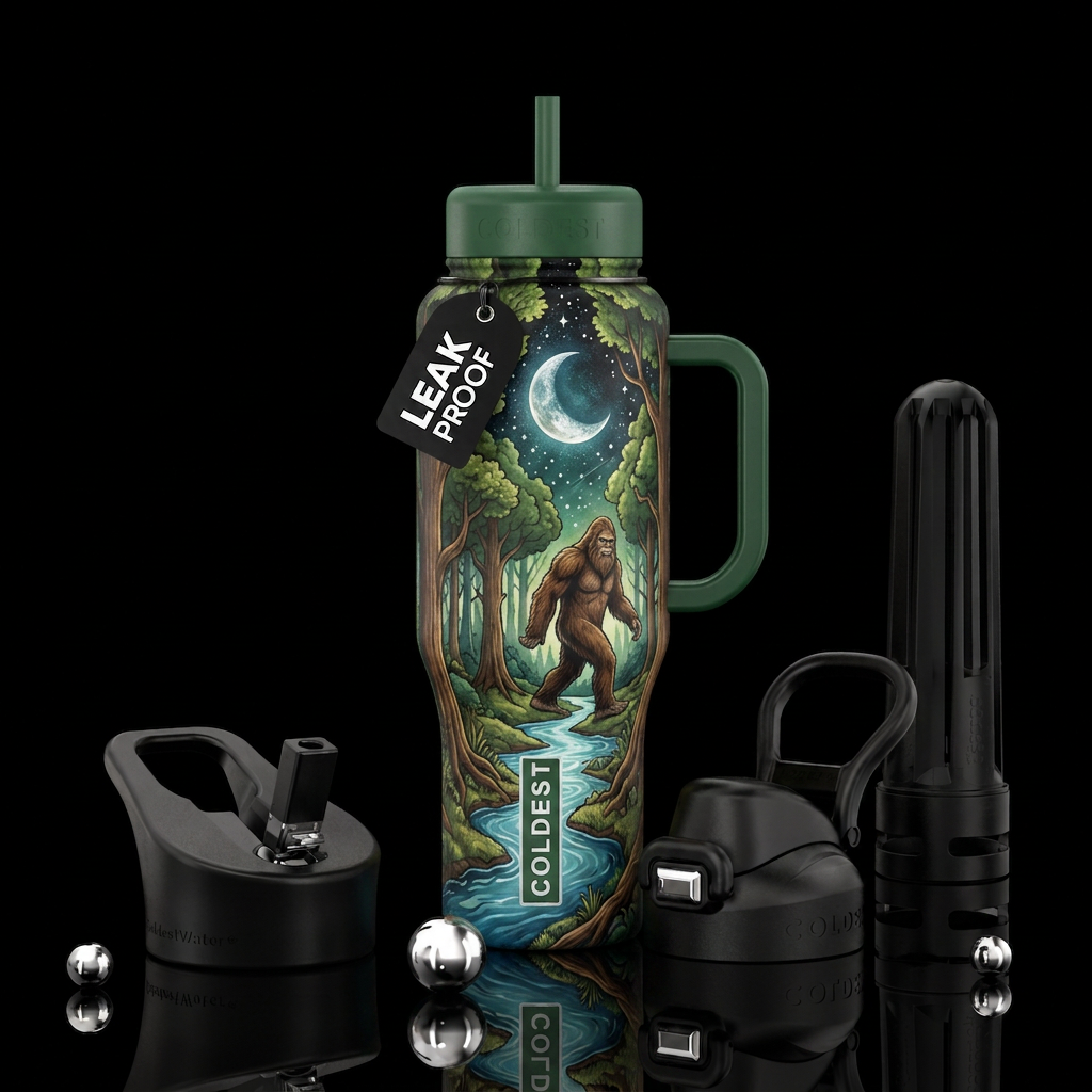 saquatch, earthy, wookds, water, moon water bottle design