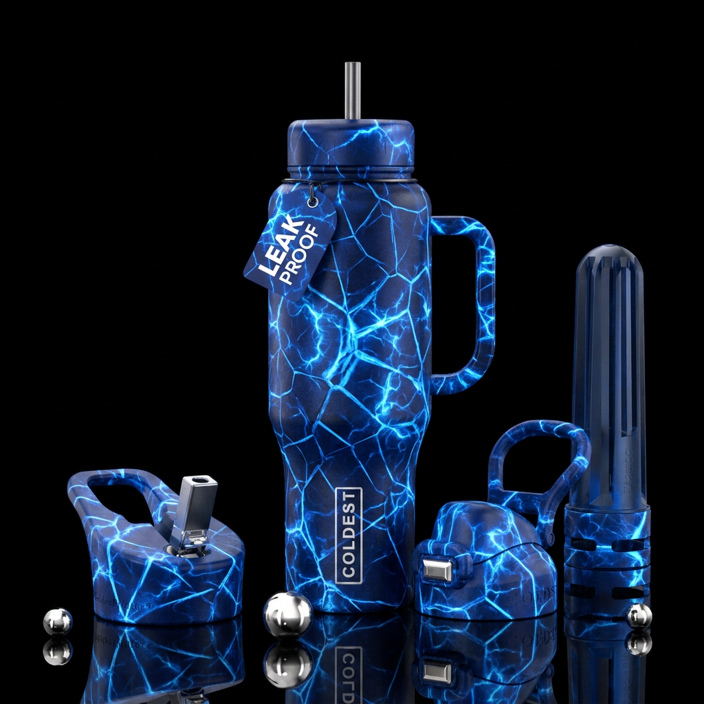 rugged, explosive, electric, midnight blue water bottle design