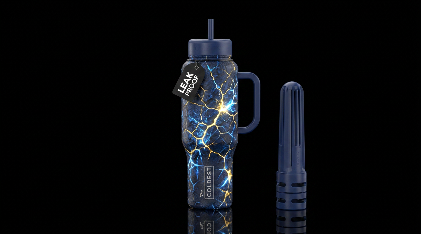 rugged, explosive, electric, midnight blue water bottle design