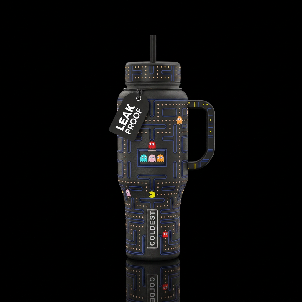 pac man video game water bottle design