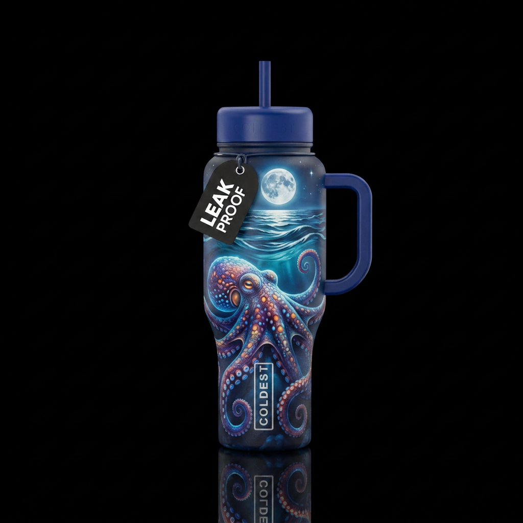 octopus in ocean with moon water bottle design