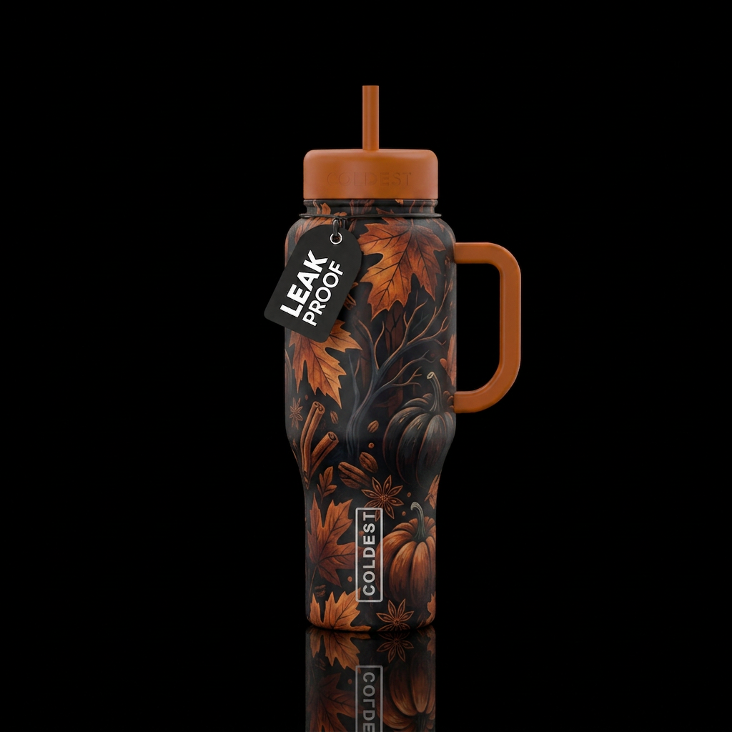 Autumn, brooding, pumpkin spice water bottle design