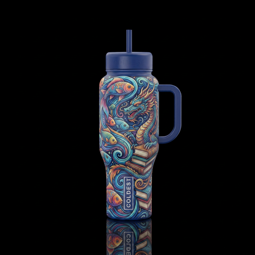 swirl fish dragon books water bottle design