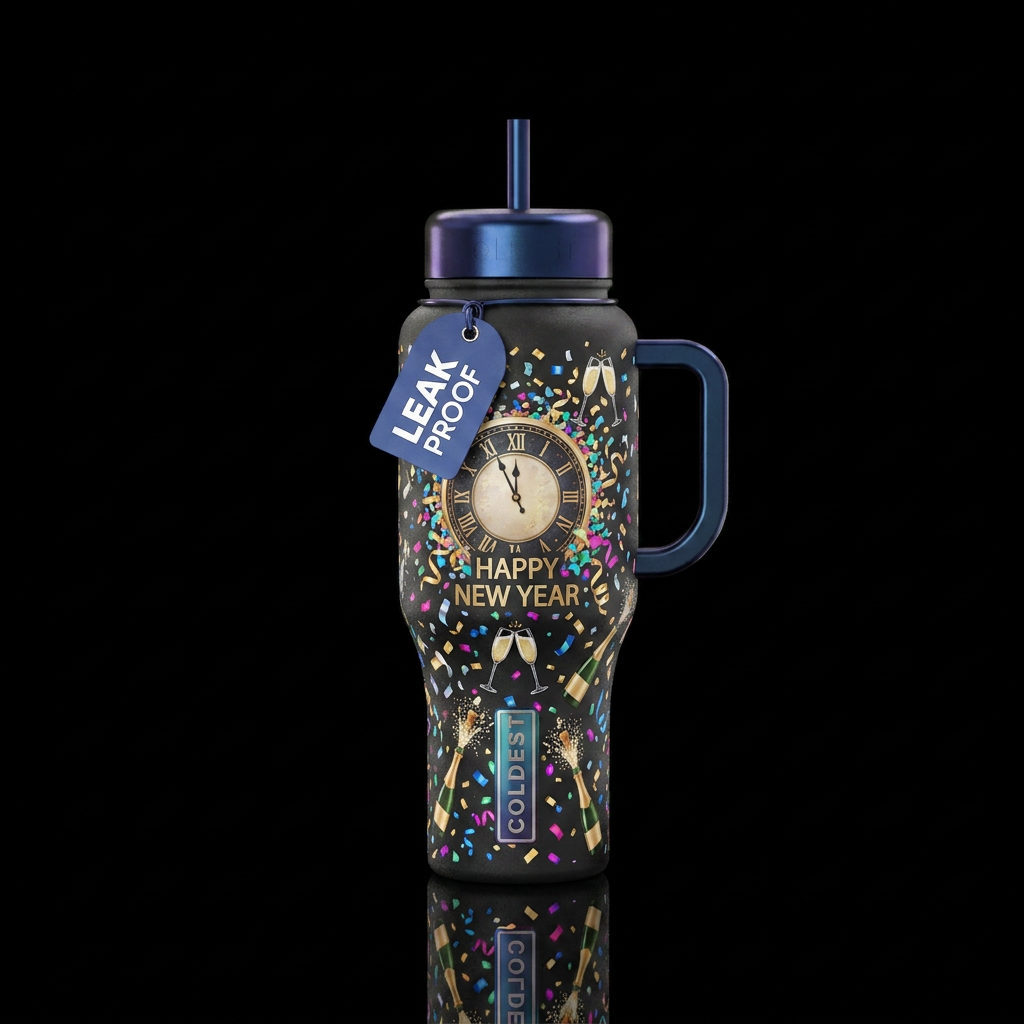 happy New Year clock, confetti, champagne water bottle design