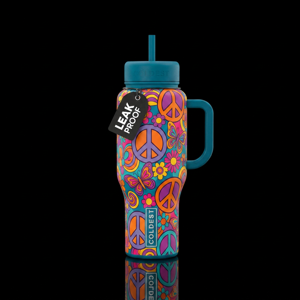 peace signs 60s vibe water bottle design