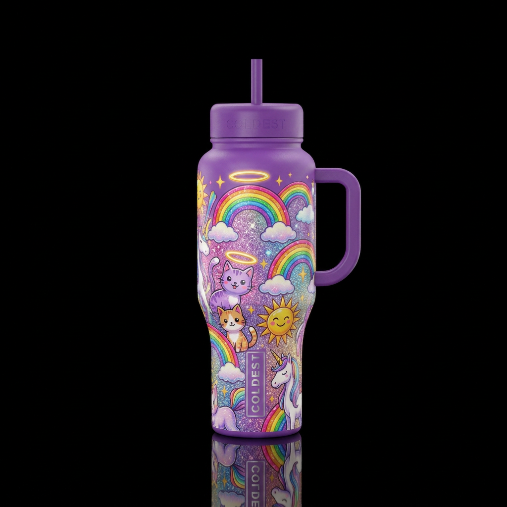 rainbows, halos, glitter, cats, sunshine, unicorns water bottle design