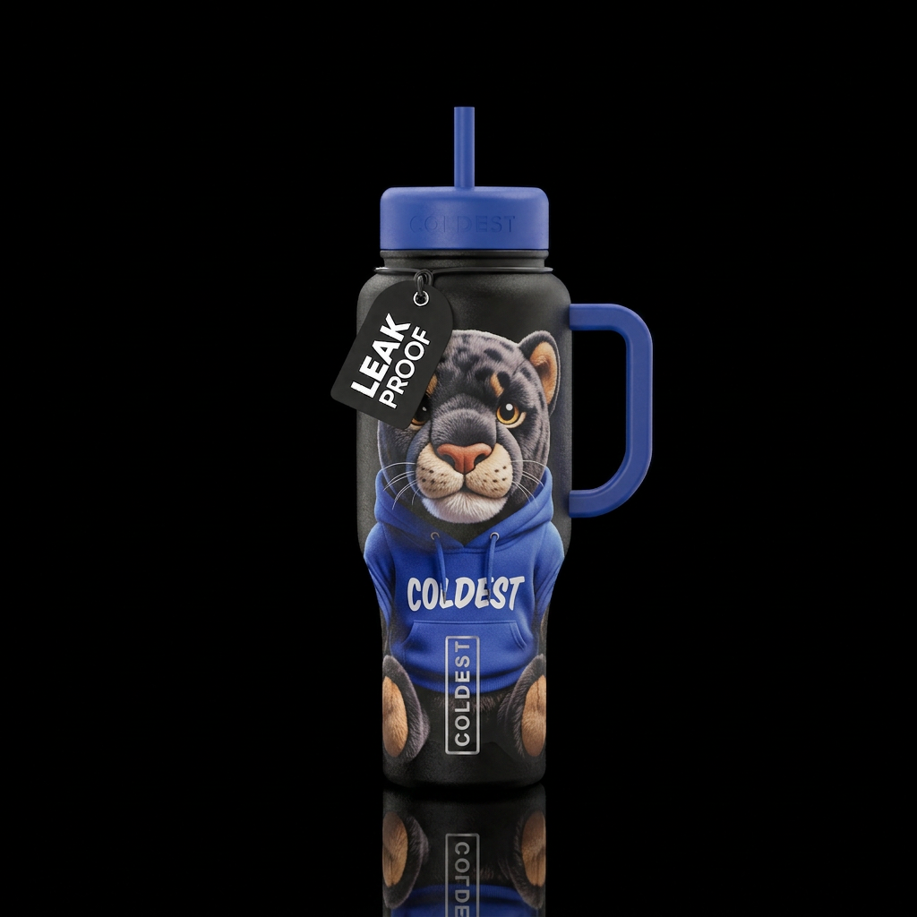 stuffed panther wearing a sweatshirt that says Col... water bottle design