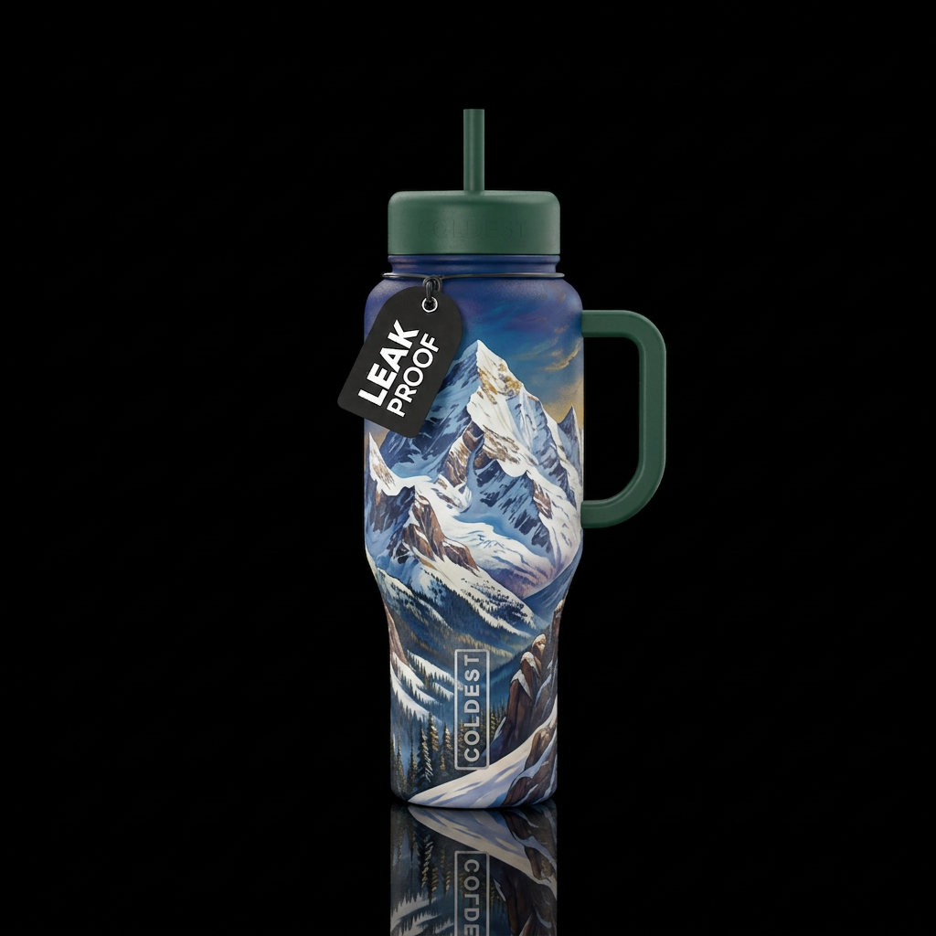 snowcapped mountains water bottle design