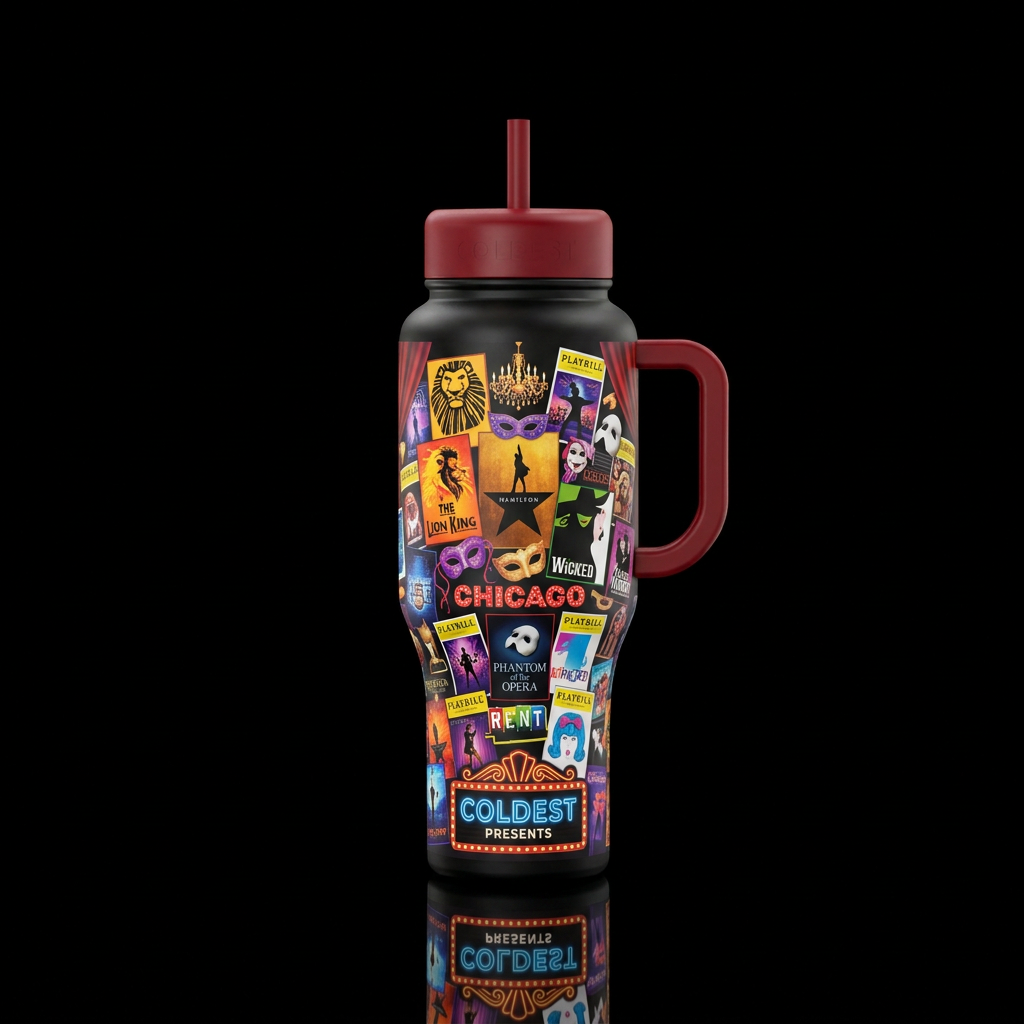 Broadway theater musicals water bottle design