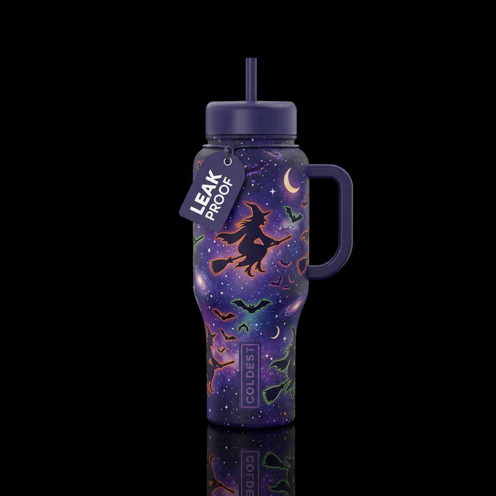bats and witches against a spooky starry night water bottle design