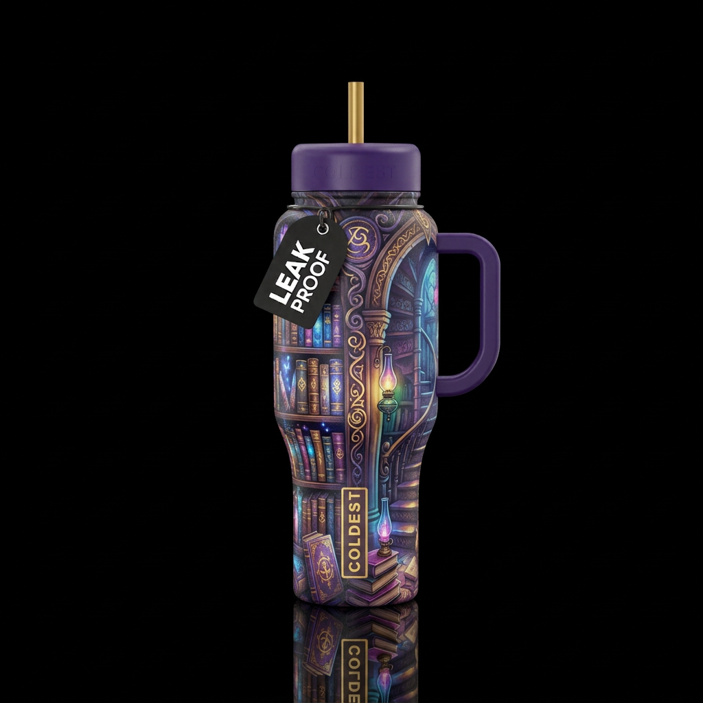 mystical bookstore water bottle design