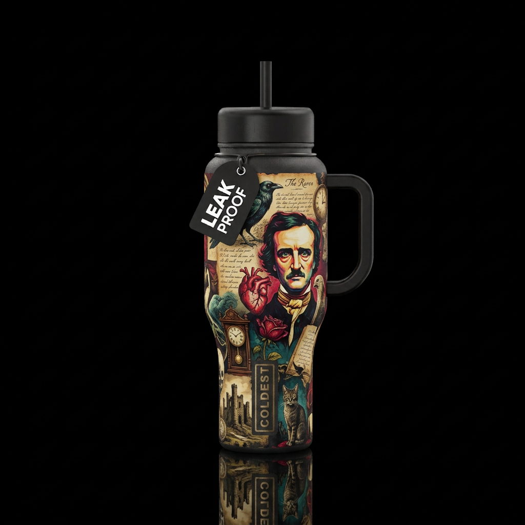 Edgar Allen Poe montage water bottle design