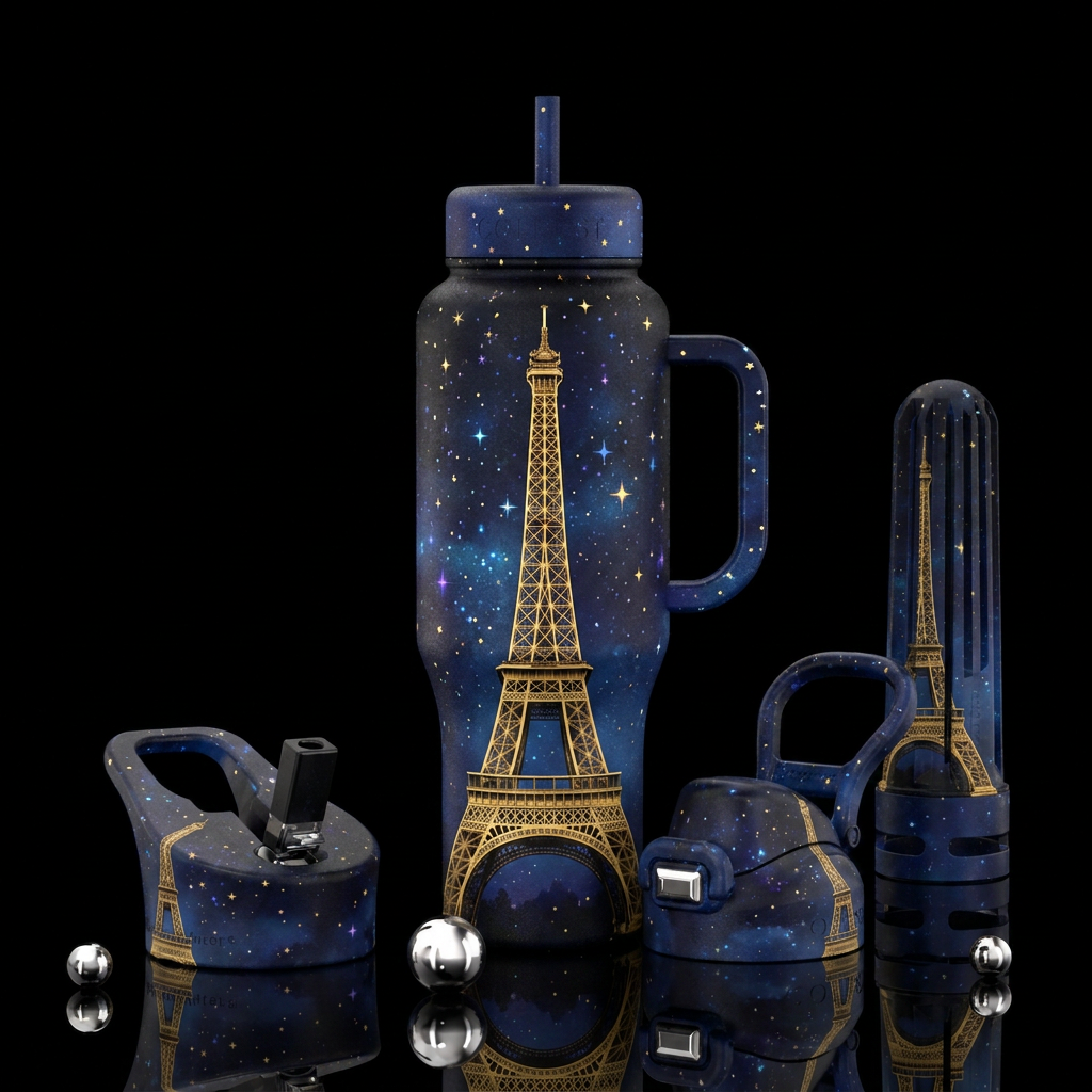 Image of a gold Eiffel tower on a black bottle wit... water bottle design
