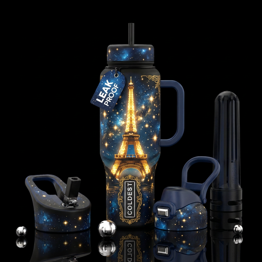 Image of gold Eiffel tower glowy on a black bottle... water bottle design