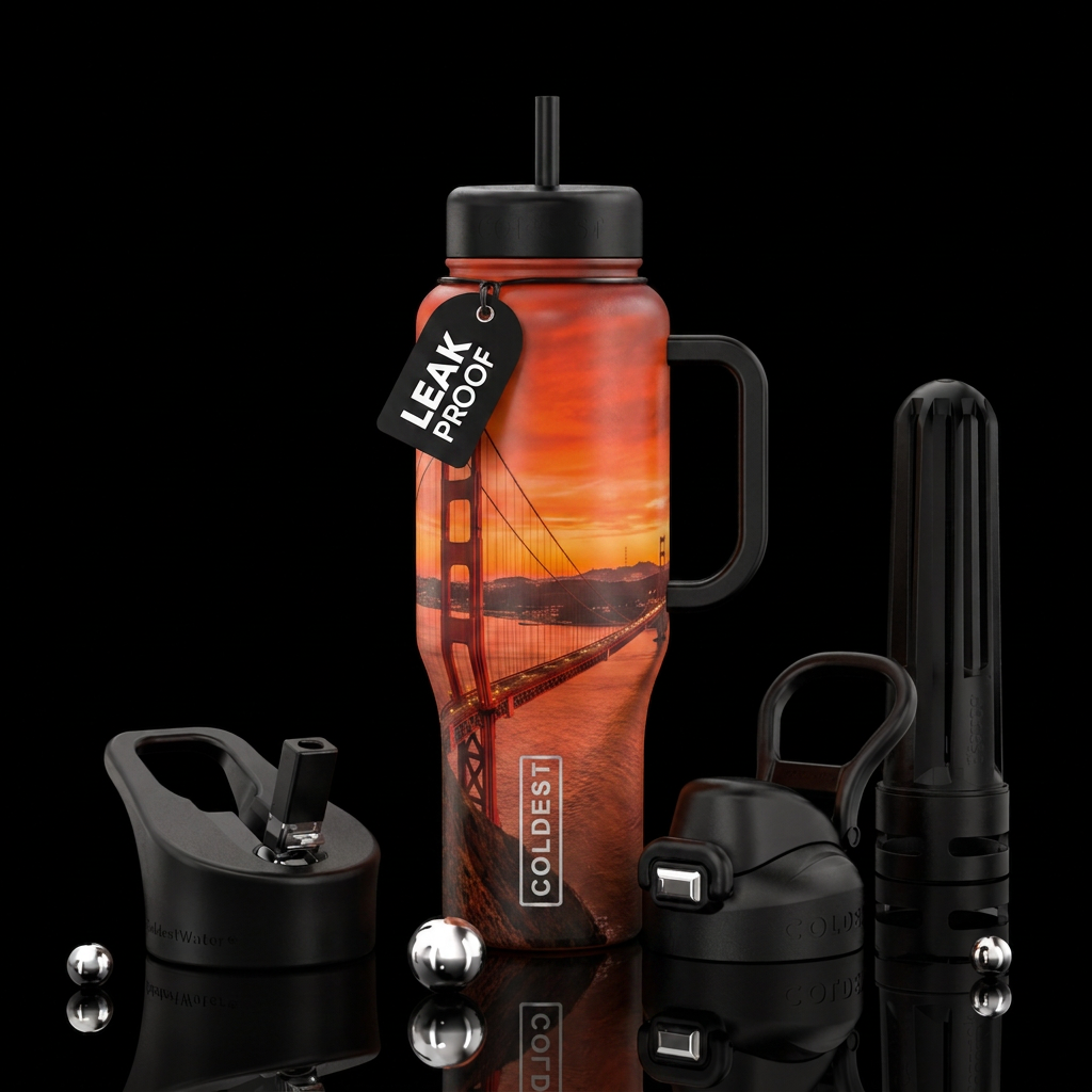 Image of the golden gate bridge on a orange red su... water bottle design