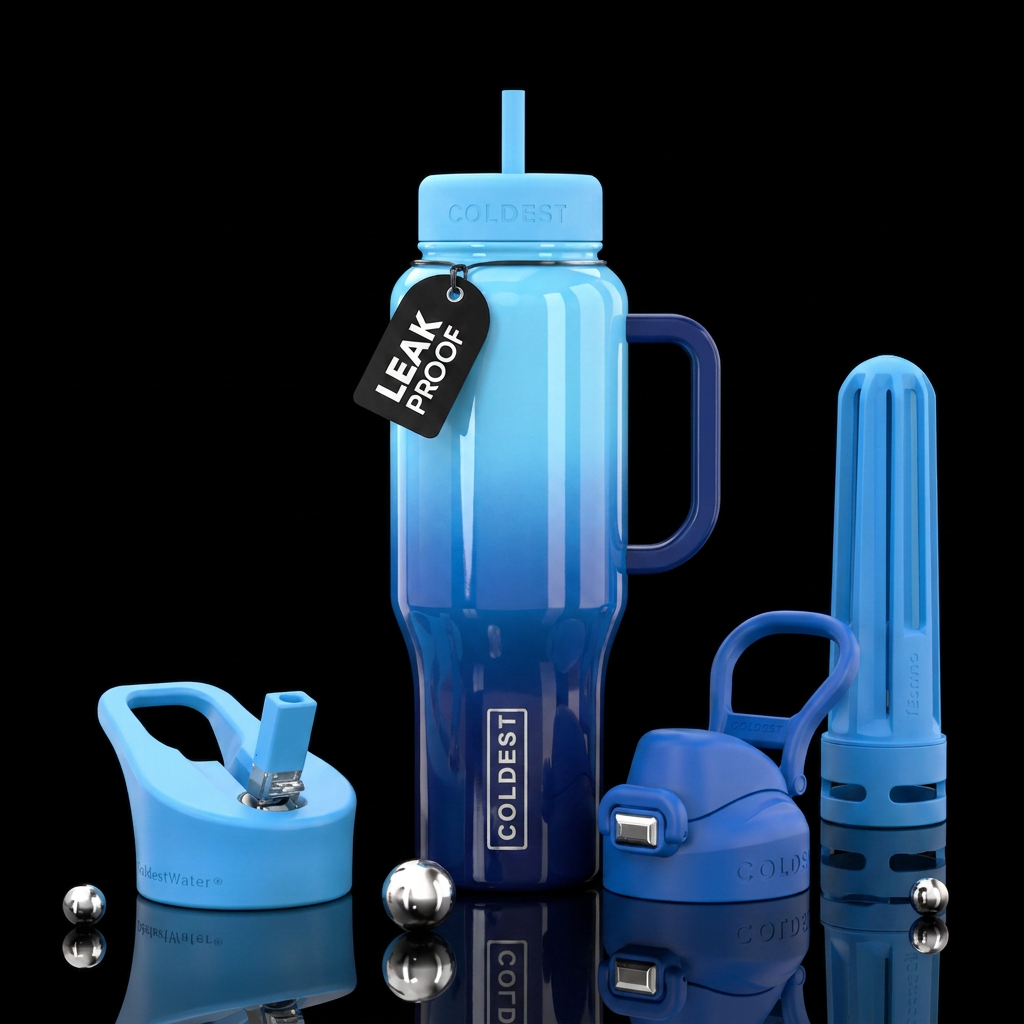 An ombre of different shades of blue from light on... water bottle design