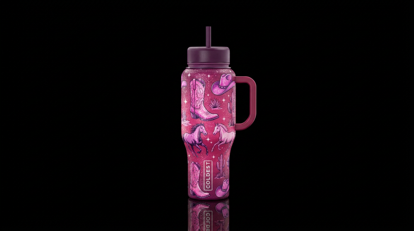A cowgirl bottle in pinks and purples with images ... water bottle design