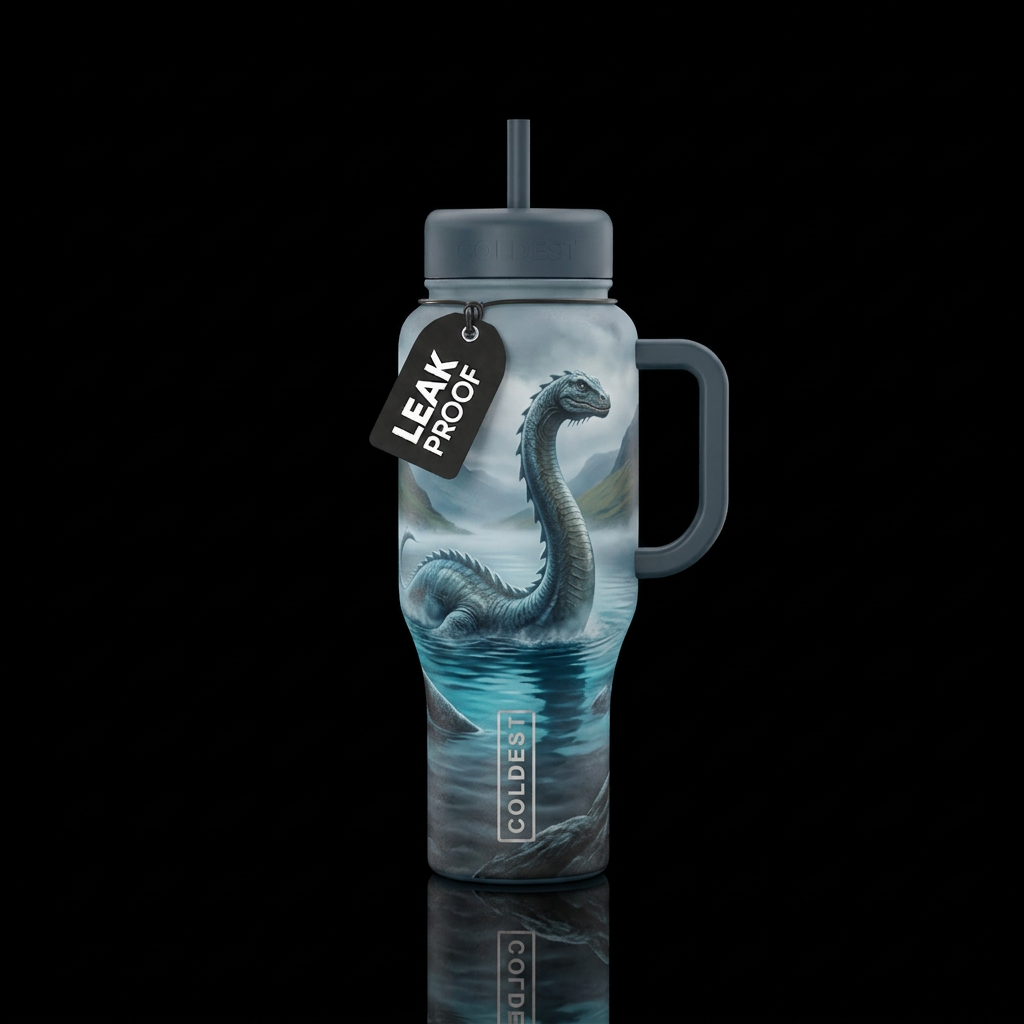 Lochness monster on an eerie lake on a bottle of b... water bottle design