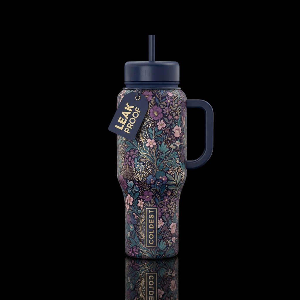 Antique book endpaper boquet pattern in purple, te... water bottle design