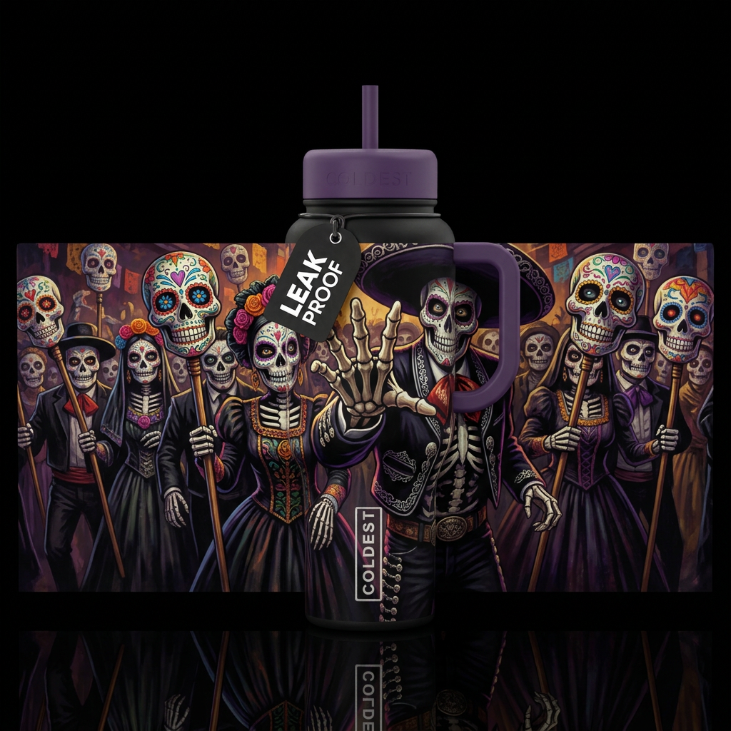 Create a very spooky day of the dead festival with... water bottle design