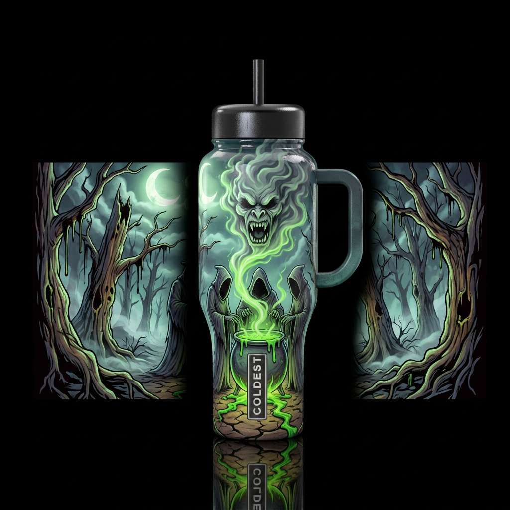 Three faceless gouls in Long dark cloaks with hood... water bottle design