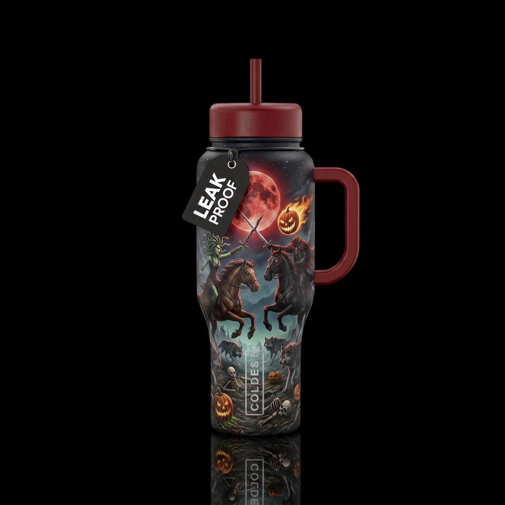 Medusa is riding a horse with her evil twisted swo... water bottle design