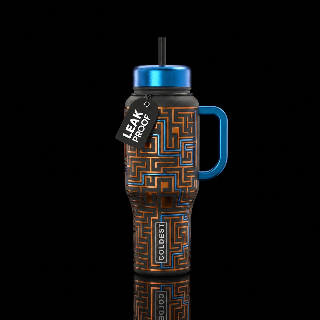 An intricate maze that starts at the top of the Co... water bottle design